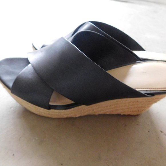 VIA SPIGA BLACK LEATHER ESPADRILLE HEEL SANDALS 9 - Picture 1 of 5